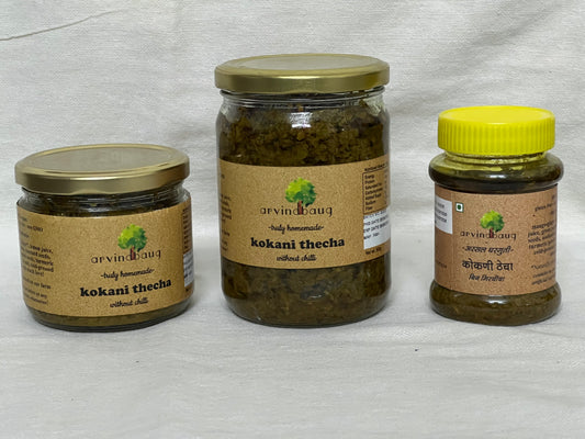 200 g, 250 g, and 500 g jars of Arvindbaug kokani thecha without chilli.