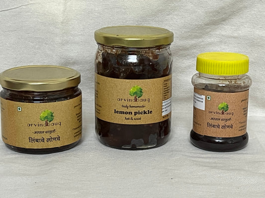 200 g, 250 g, and 500 g jars of Arvindbaug lemon pickle.